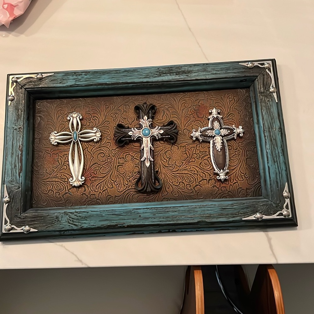 Teal wall art with 3 crosses
